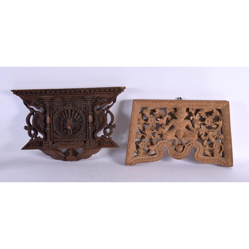 543 - A 19TH CENTURY BURMESE JAVANESE CARVED WOOD TEMPLE PANEL together with a similar Nepalese carved woo... 