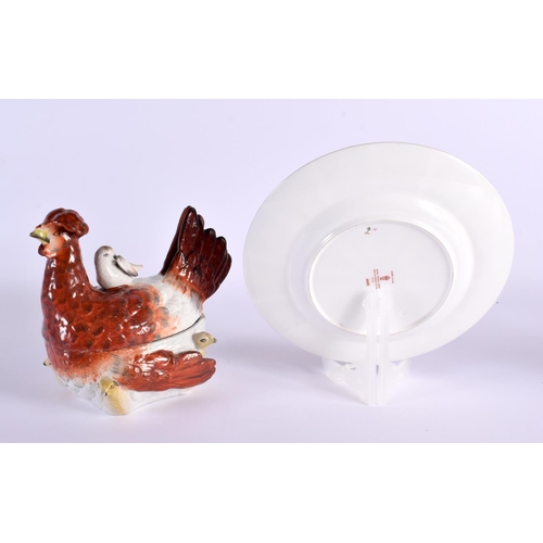 55 - A 19TH CENTURY STAFFORDSHIRE POTTERY HEN TUREEN AND COVER together with a Derby imari plate. Largest... 