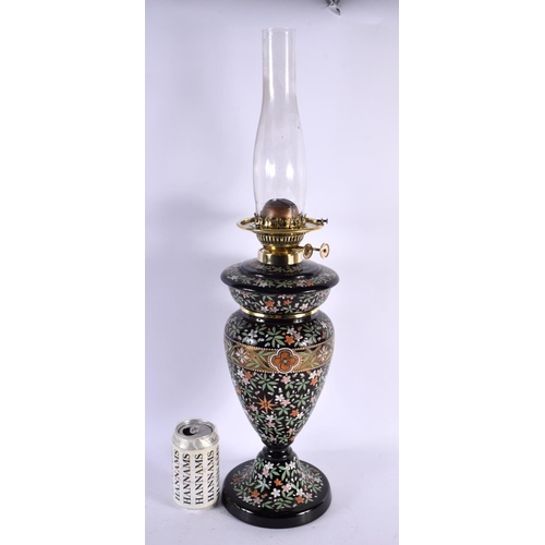 551 - A LARGE VICTORIAN ENAMELLED GLASS OIL LANTERN painted all over with flowers and vines. 60 cm x 13 cm... 