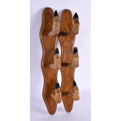 553 - A PAIR OF EDWARDIAN TAXIDERMY RIFLE WALL HOLDERS formed as animals hooves. 47 cm long.