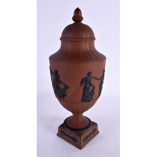 556 - A 19TH CENTURY WEDGWOOD ANTICO ROSSO REDWARE POTTERY VASE AND COVER decorated with classical figures... 