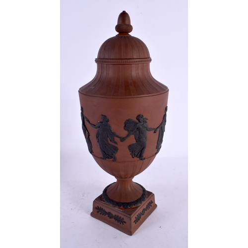 556 - A 19TH CENTURY WEDGWOOD ANTICO ROSSO REDWARE POTTERY VASE AND COVER decorated with classical figures... 