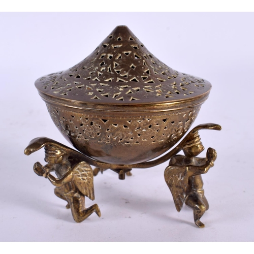 562 - A 19TH CENTURY MIDDLE EASTERN BRASS INCENSE BURNER AND COVER formed with seated deity. 9 cm x 9 cm.