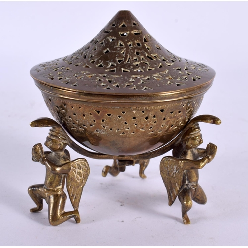 562 - A 19TH CENTURY MIDDLE EASTERN BRASS INCENSE BURNER AND COVER formed with seated deity. 9 cm x 9 cm.