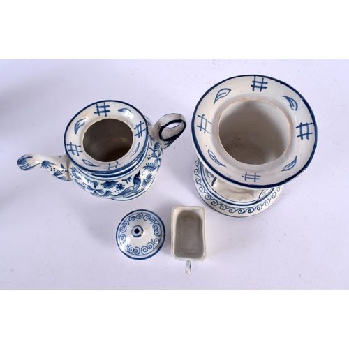 564 - A  DELFT BLUE AND WHITE TEAPOT ON STAND painted with birds and foliage. 21 cm x 15 cm.