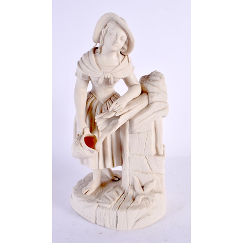 571 - A 19TH CENTURY ENGLISH PARIAN WARE FIGURE OF A FEMALE modelled beside a well. 27 cm x 10 cm.