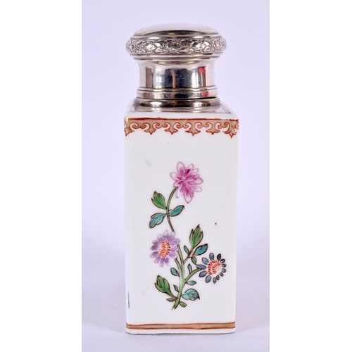 583 - A 19TH CENTURY FRENCH SAMSONS OF PARIS PORCELAIN SCENT BOTTLE with silver mounts. 14 cm x 7 cm.