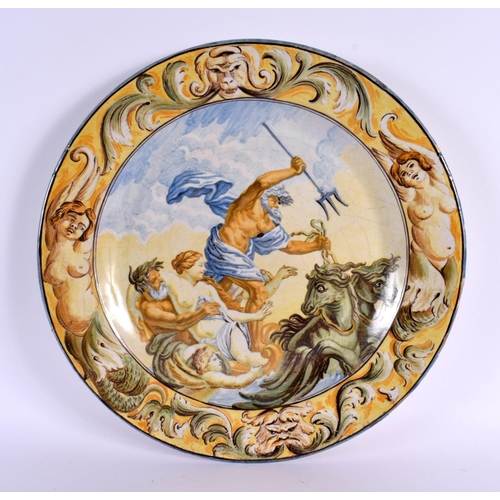 584 - THREE LARGE 19TH CENTURY ITALIAN MAJOLICA DISHES painted with figures. 34 cm diameter. (3)