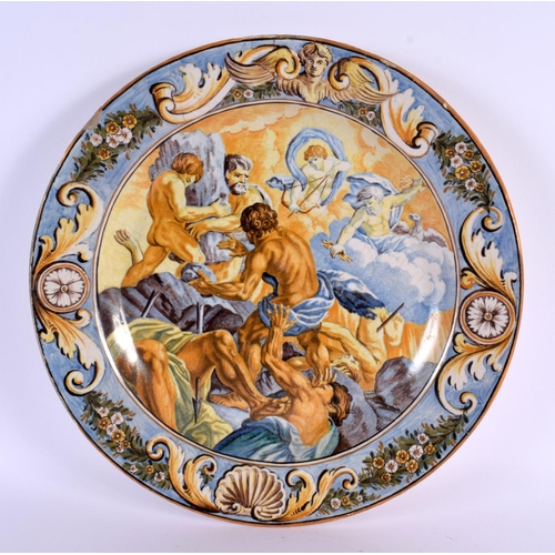 584 - THREE LARGE 19TH CENTURY ITALIAN MAJOLICA DISHES painted with figures. 34 cm diameter. (3)