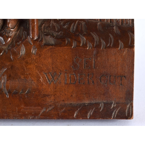 587 - AN ANTIQUE BAVARIAN BLACK FOREST CARVED WOOD PLAQUE. 24 cm x 18 cm.