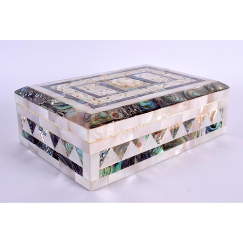 592 - AN EARLY 20TH CENTURY MOTHER OF PEARL CASKET decorated with flowers. 16 cm x 10 cm.