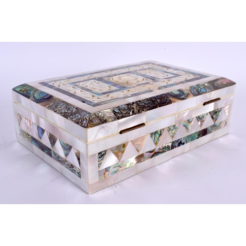 592 - AN EARLY 20TH CENTURY MOTHER OF PEARL CASKET decorated with flowers. 16 cm x 10 cm.