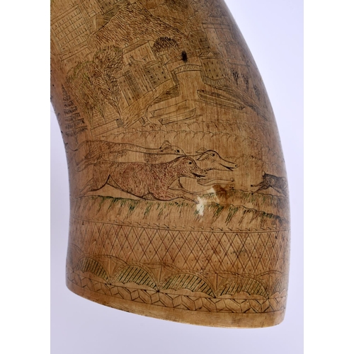 593 - A PAIR OF EARLY 19TH CENTURY CARVED SCRIMSHAW HORN FLASKS decorated all over with buildings and anim... 