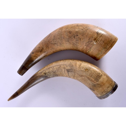 593 - A PAIR OF EARLY 19TH CENTURY CARVED SCRIMSHAW HORN FLASKS decorated all over with buildings and anim... 