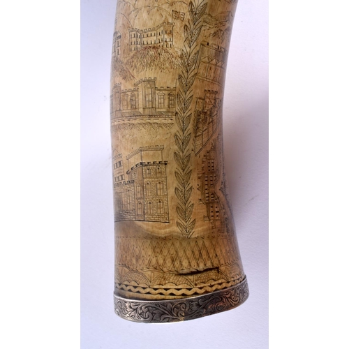 593 - A PAIR OF EARLY 19TH CENTURY CARVED SCRIMSHAW HORN FLASKS decorated all over with buildings and anim... 