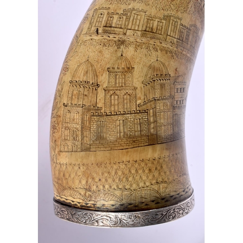 593 - A PAIR OF EARLY 19TH CENTURY CARVED SCRIMSHAW HORN FLASKS decorated all over with buildings and anim... 