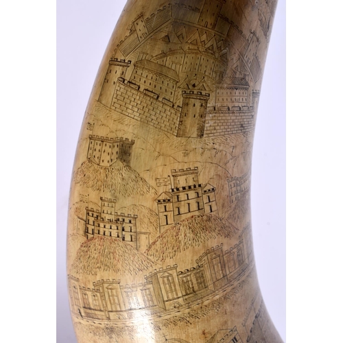 593 - A PAIR OF EARLY 19TH CENTURY CARVED SCRIMSHAW HORN FLASKS decorated all over with buildings and anim... 