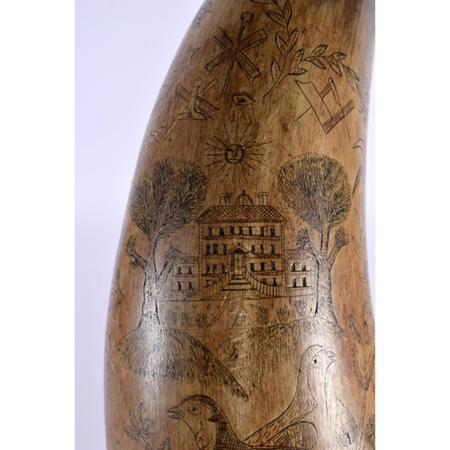 593 - A PAIR OF EARLY 19TH CENTURY CARVED SCRIMSHAW HORN FLASKS decorated all over with buildings and anim... 