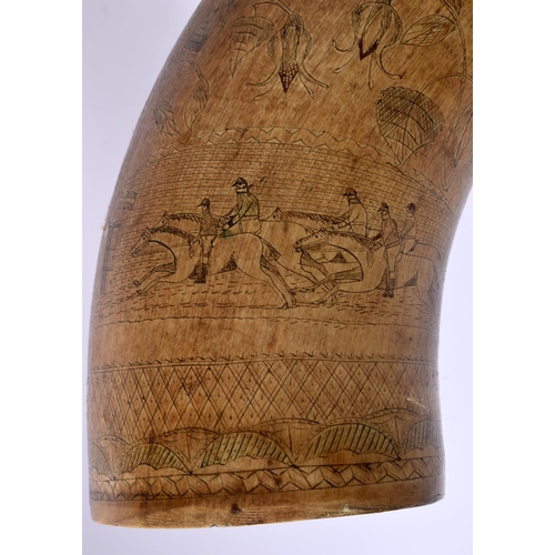 593 - A PAIR OF EARLY 19TH CENTURY CARVED SCRIMSHAW HORN FLASKS decorated all over with buildings and anim... 