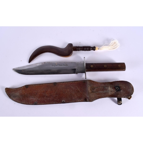 603 - A LARGE VINTAGE BOWIE KNIFE and a small fly swish knife. Largest 39 cm long. (2)