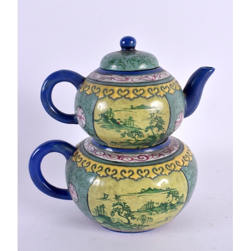 611 - A 19TH CENTURY CHINESE YIXING ENAMEL DOUBLE TEAPOT AND COVER Qing. 15 cm x 13 cm.