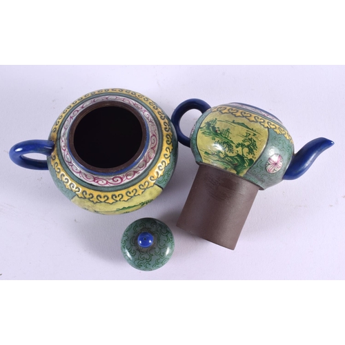 611 - A 19TH CENTURY CHINESE YIXING ENAMEL DOUBLE TEAPOT AND COVER Qing. 15 cm x 13 cm.