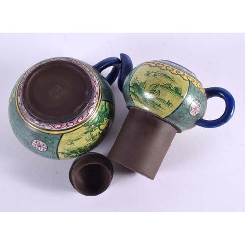 611 - A 19TH CENTURY CHINESE YIXING ENAMEL DOUBLE TEAPOT AND COVER Qing. 15 cm x 13 cm.