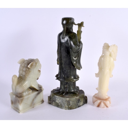 638 - THREE CHINESE SOAPSTONE FIGURES. Largest 24 cm high. (3)