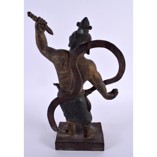 646 - A 19TH CENTURY JAPANESE MEIJI PERIOD COLD PAINTED BRONZE FIGURE OF A WARRIOR modelled holding a dagg... 