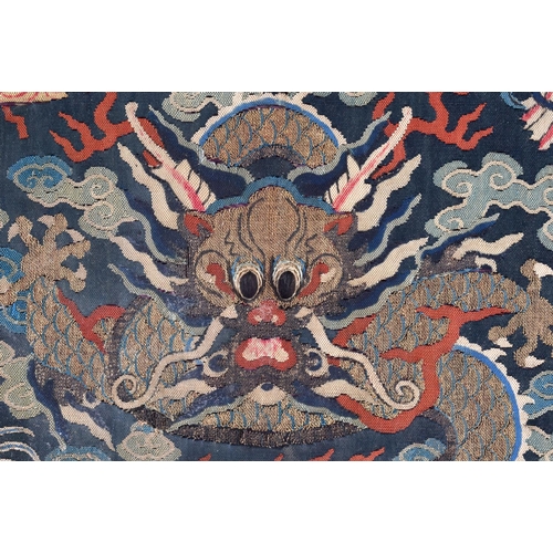 649 - A FINE PAIR OF 18TH CENTURY CHINESE EMBROIDERED KESI SILK BADGES Qing, decorated with dragons. 45 cm... 