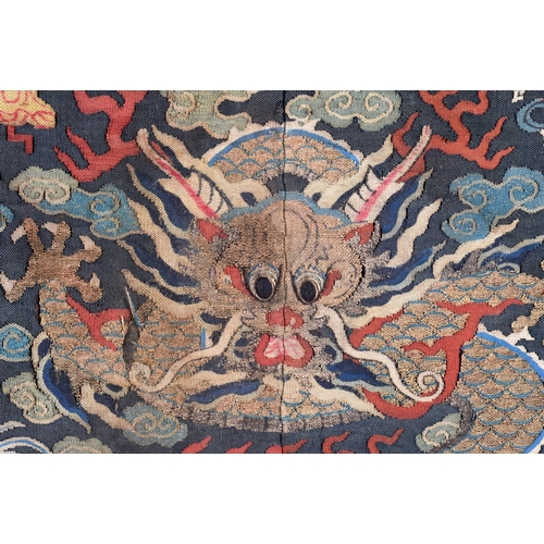 649 - A FINE PAIR OF 18TH CENTURY CHINESE EMBROIDERED KESI SILK BADGES Qing, decorated with dragons. 45 cm... 