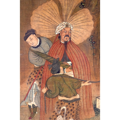 653 - Chinese School (19th Century) Watercolour, Figures and a tiger within a landscape. 140 cm x 54 cm.