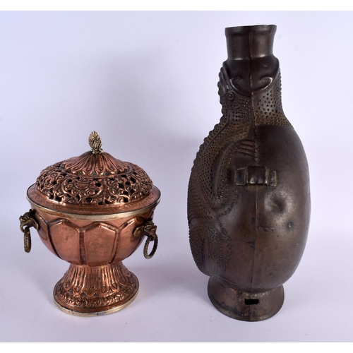 660 - AN ANTIQUE COPPER TIBETAN CENSER AND COVER together with a large bronze vase. Largest 32 cm x 10 cm.... 