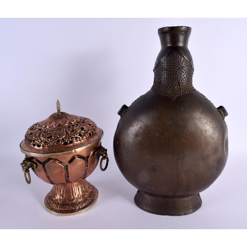 660 - AN ANTIQUE COPPER TIBETAN CENSER AND COVER together with a large bronze vase. Largest 32 cm x 10 cm.... 