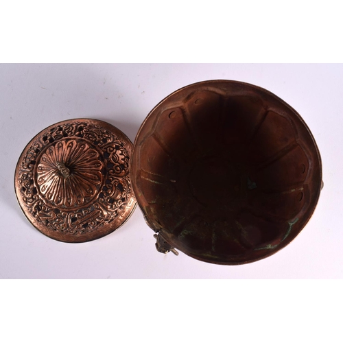 660 - AN ANTIQUE COPPER TIBETAN CENSER AND COVER together with a large bronze vase. Largest 32 cm x 10 cm.... 