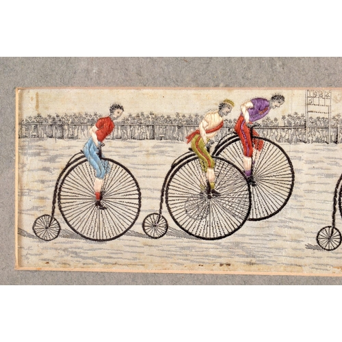 664 - AN ANTIQUE STEVENGRAPH PENNY FARTHING PANEL. 21 cm x 15 cm.