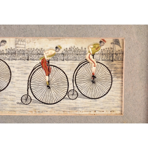 664 - AN ANTIQUE STEVENGRAPH PENNY FARTHING PANEL. 21 cm x 15 cm.