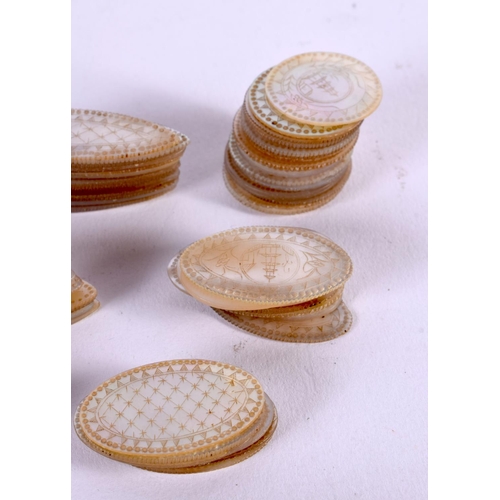 671 - A GROUP OF 19TH CENTURY CHINESE MOTHER OF PEARL GAMING COUNTERS. (qty)