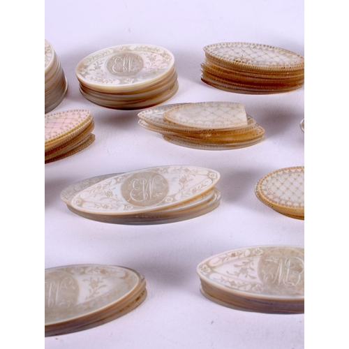 671 - A GROUP OF 19TH CENTURY CHINESE MOTHER OF PEARL GAMING COUNTERS. (qty)