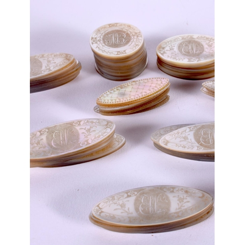 671 - A GROUP OF 19TH CENTURY CHINESE MOTHER OF PEARL GAMING COUNTERS. (qty)