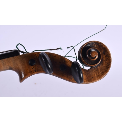 684 - AN ANTIQUE SINGLE PIECE BACK VIOLIN with bow. Violin 58 cm long, length of back 36 cm. (2)