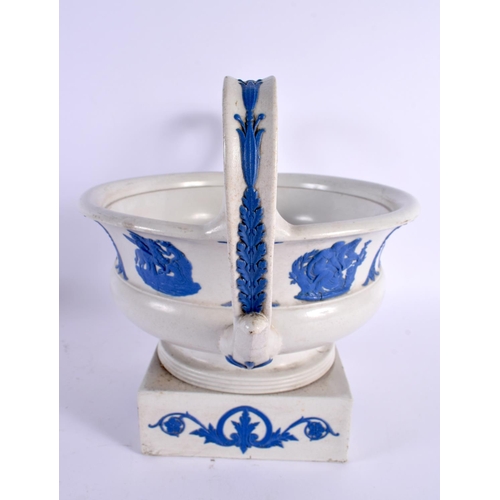 688 - A RARE LARGE 19TH CENTURY WEDGWOOD TWIN HANDLED PLANTER overlaid with blue glazed classical figures.... 