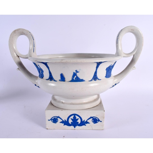 688 - A RARE LARGE 19TH CENTURY WEDGWOOD TWIN HANDLED PLANTER overlaid with blue glazed classical figures.... 