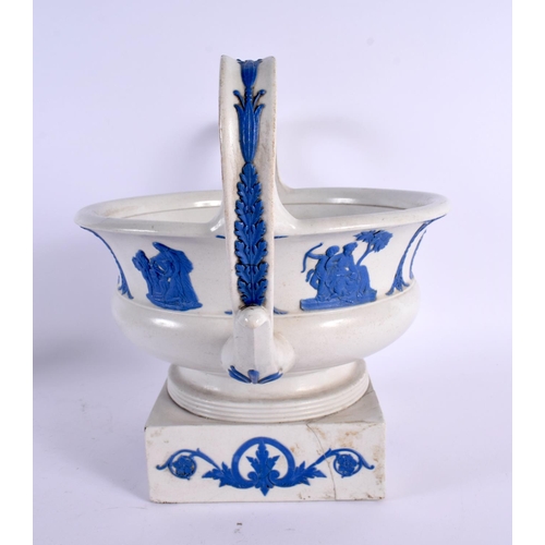 688 - A RARE LARGE 19TH CENTURY WEDGWOOD TWIN HANDLED PLANTER overlaid with blue glazed classical figures.... 