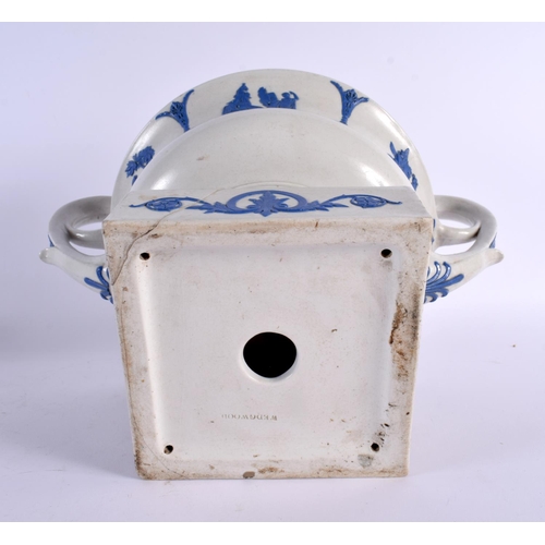 688 - A RARE LARGE 19TH CENTURY WEDGWOOD TWIN HANDLED PLANTER overlaid with blue glazed classical figures.... 