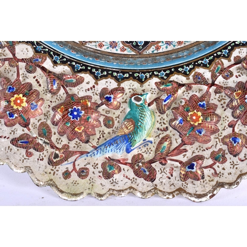 700 - A LARGE 19TH CENTURY MIDDLE EASTERN PERSIAN ENAMELLED COPPER DISH painted with buildings and birds. ... 