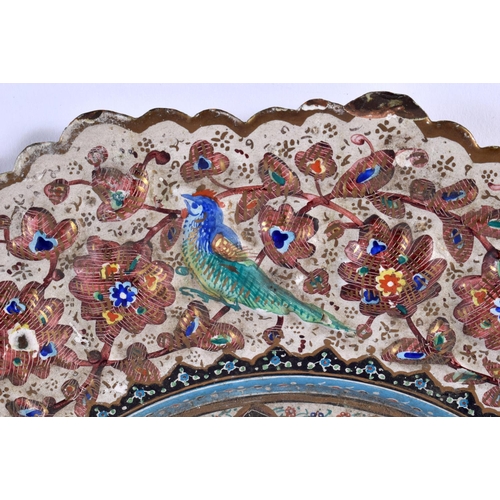 700 - A LARGE 19TH CENTURY MIDDLE EASTERN PERSIAN ENAMELLED COPPER DISH painted with buildings and birds. ... 