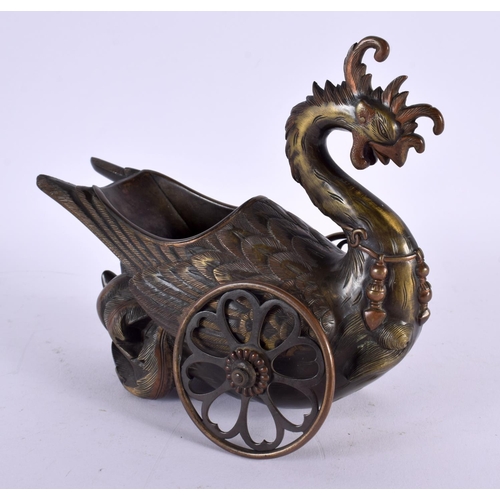 708 - A RARE 19TH CENTURY JAPANESE MEIJI PERIOD BRONZE CHARIOT INCENSE BURNER modelled as a bird. 15 cm x ... 