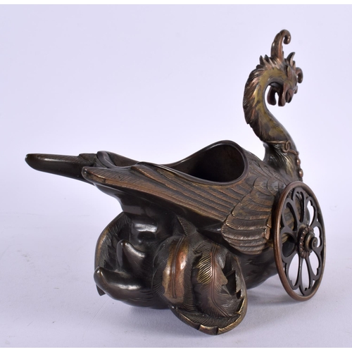 708 - A RARE 19TH CENTURY JAPANESE MEIJI PERIOD BRONZE CHARIOT INCENSE BURNER modelled as a bird. 15 cm x ... 