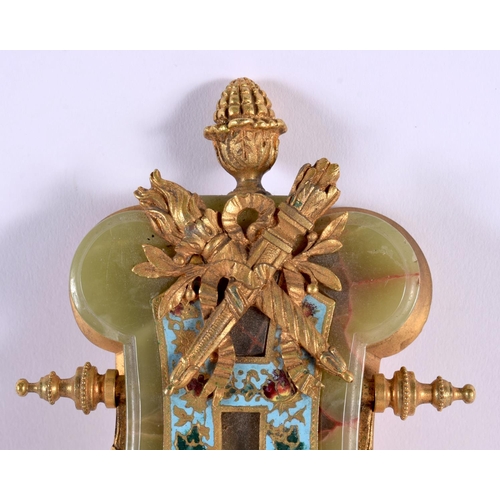 709 - A FINE LATE 19TH CENTURY FRENCH ONYX ORMOLU AND CHAMPLEVE ENAMEL MANTEL CLOCK decorated with foliage... 